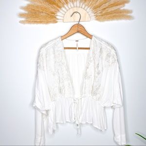 Free People Embroidered Tie Front Peplum Peasant Top Ivory